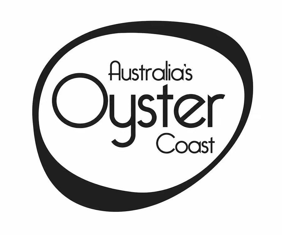 A black and white graphic logo featuring the text 'Australia's Oyster Coast' inside an abstract black oval on a white background.