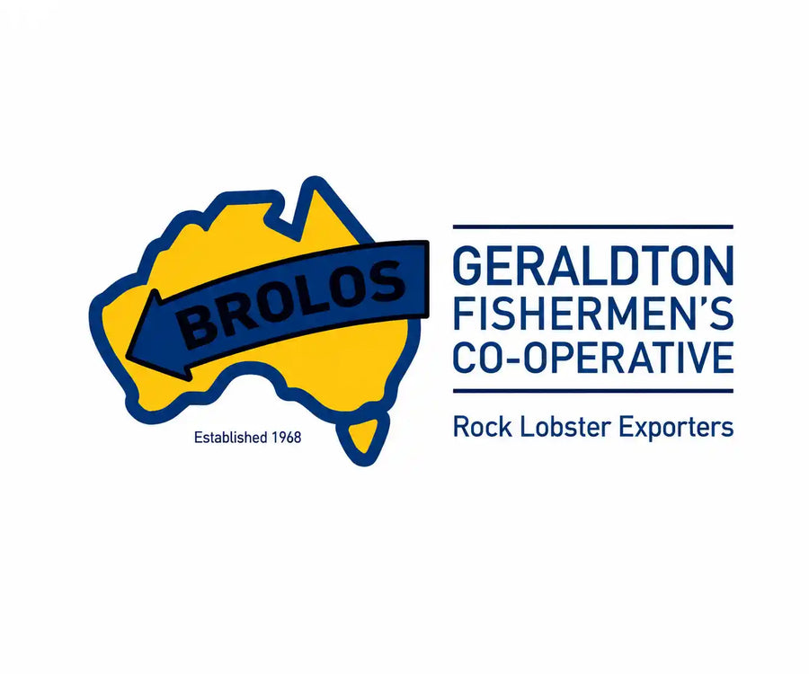 Brolos Rock Lobster Exporters logo featuring a yellow map outline of Australia with a blue arrow labeled BROLOS, alongside the text 'GERALDTON FISHERMEN'S CO-OPERATIVE' and 'Rock Lobster Exporters' on a white background.