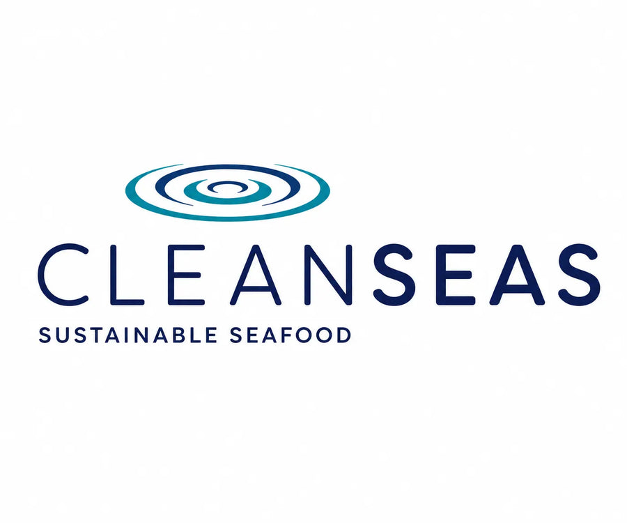 Cleanseas Sustainable Seafood logo on a white background, featuring blue concentric ripples above the brand name in dark blue text.