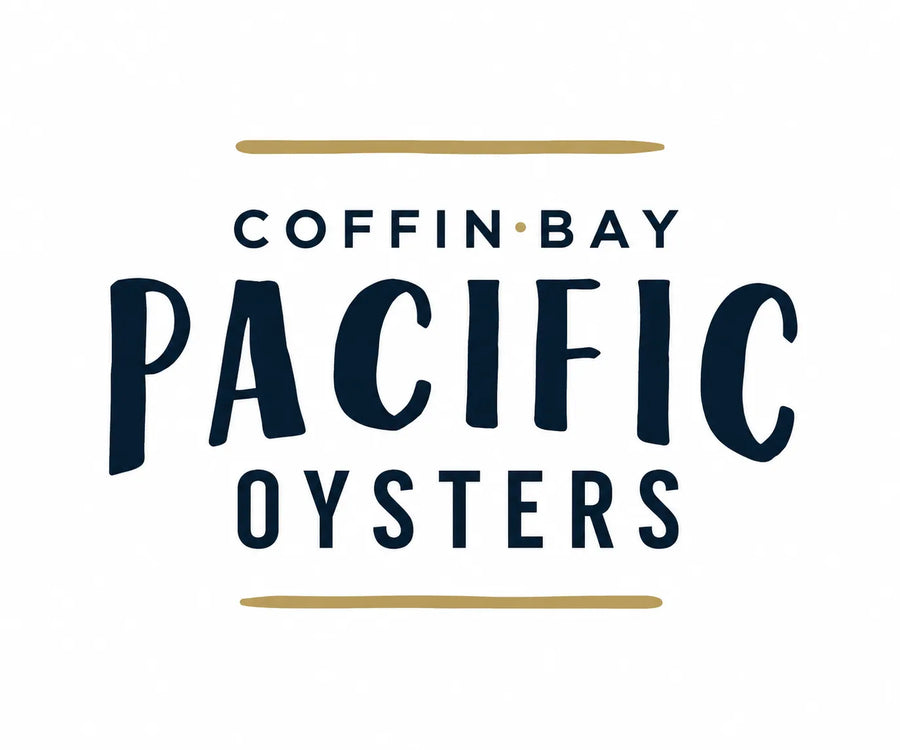 A logo-style graphic reading 'COFFIN BAY PACIFIC OYSTERS' in dark navy text with thin tan horizontal lines above and below, centered on a light gray background.