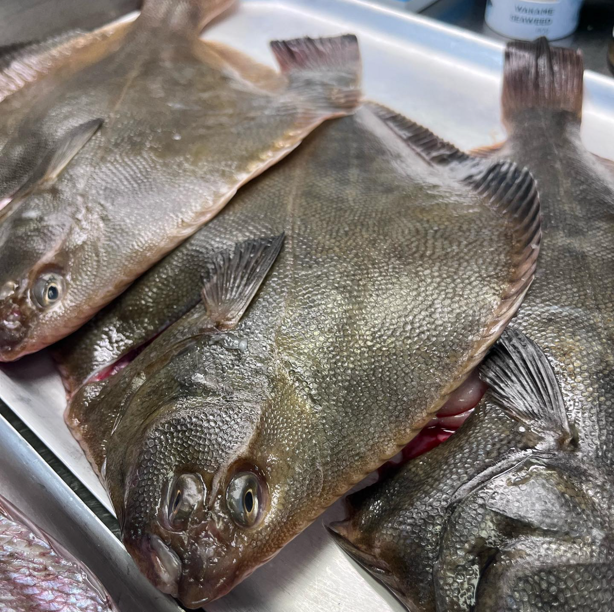 Raw flatfish fillets with visible eyes and scales, arranged on a metal tray.