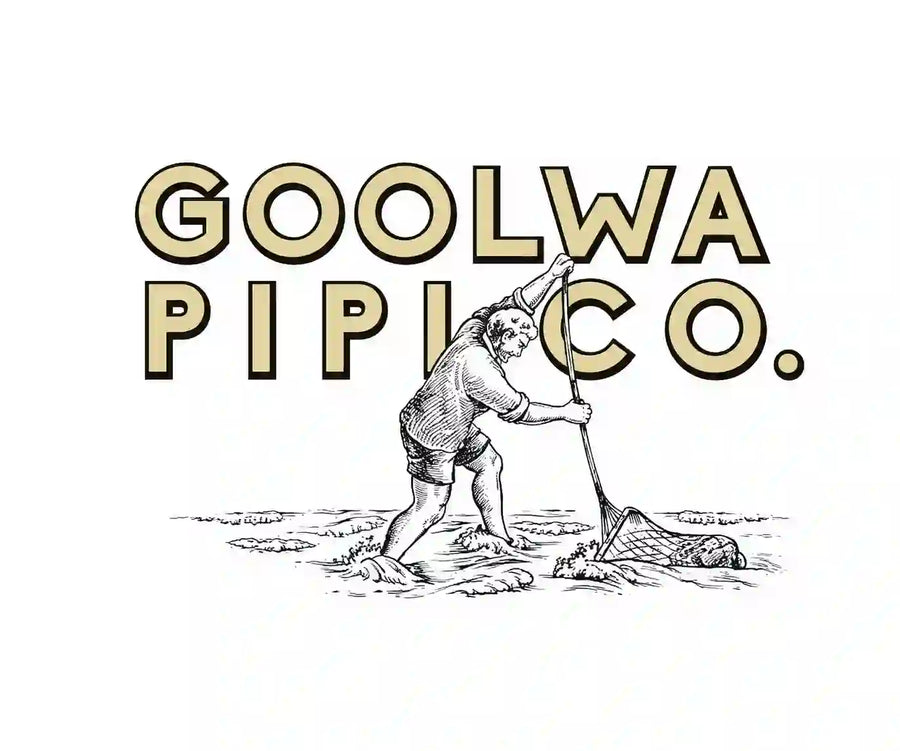 Vintage-style logo or print reading 'GOOLWA PIPICO.' in large beige letters with black outlines, above a black-and-white sketch of a person using a net on the ground, on a white background.