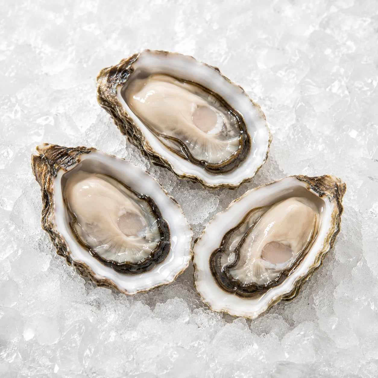 Three raw oysters in open shells resting on crushed ice, photographed from above.