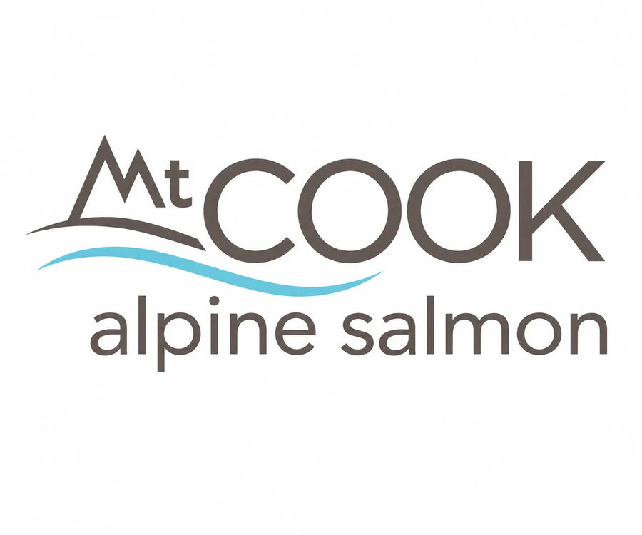 The logo for 'Mt COOK alpine salmon' features dark brown text with a stylized mountain 'M' and a light blue wave accent on a plain white background.