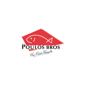 Poulos Bros logo featuring a red fish silhouette inside a red diamond shape, with the text 'Poulos Bros' and 'The Fish People' below on a white background.