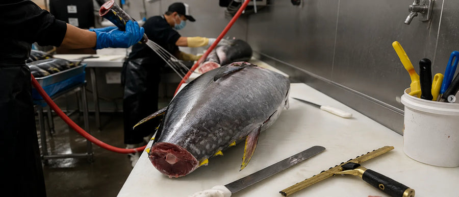A large whole tuna fish lies on a white butcher table in a commercial kitchen, with workers and tools visible around it.