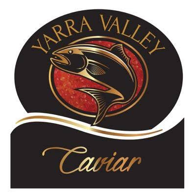 A logo-style graphic for Yarra Valley Caviar, featuring a stylized fish over a red circular background with gold lettering on a black shape.